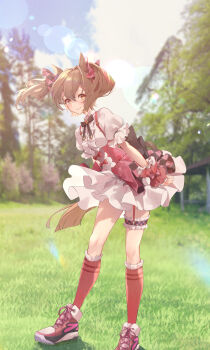 Rule 34 | 1girl, absurdres, animal ears, blurry, blurry background, blush, breasts, brown eyes, brown hair, commentary request, grass, hair ornament, hair ribbon, highres, horse ears, horse girl, horse tail, lens flare, medium breasts, medium hair, outdoors, park, ribbon, smart falcon (love 4ever) (umamusume), smart falcon (umamusume), solo, standing, tail, umamusume, yogukasu