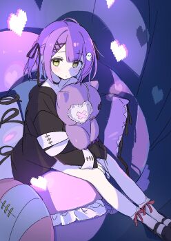 1girl belt black_choker black_jacket black_ribbon blunt_bangs blush choker collarbone cushion eyepatch frilled_eyepatch frilled_pillow frills ghost ghost_hair_ornament hair_ornament hair_ribbon hairpin hashtag-only_commentary heart highres holding hood hood_down jacket long_sleeves mary_janes multiple_hairpins on_cushion oninome_tsuki open_clothes oversized_jacket own_hands_together pillow pixel_heart purple_background purple_hair red_ribbon ribbed_socks ribbon shadow shinomiya_runa shinomiya_runa_(1st_costume) shoes short_hair sidelighting sidelocks single_off_shoulder sitting sleeve_belt sleeves_past_wrists slim_legs socks solo stuffed_animal stuffed_cat stuffed_toy swept_bangs translation_request turning_head two_side_up virtual_youtuber vspo! white_belt white_socks x_hair_ornament yellow_eyes