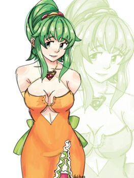 1girl alternate_costume alternate_hairstyle arms_behind_back back_bow bare_shoulders bow breasts cleavage clothing_cutout collarbone cutout_above_navel dress from_above green_bow green_eyes green_hair gumi hatsuno large_breasts long_hair looking_at_viewer orange_dress ponytail sidelocks signature vocaloid white_background zoom_layer