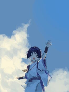 1boy 624_itumo arm_up armor black_hair blue_sky blunt_ends blush bow closed_eyes clothing_cutout cloud cloudy_sky cowboy_shot facing_viewer feathers genshin_impact highres japanese_armor japanese_clothes kariginu kimono kote kurokote layered_sleeves male_focus open_hand open_mouth outdoors pelvic_curtain purple_bow purple_kimono purple_sash purple_sleeves sash scaramouche_(genshin_impact) scaramouche_(kabukimono)_(genshin_impact) side_cutout sketch sky solo string three-quarter_sleeves white_sleeves wispy_bangs yellow_feathers