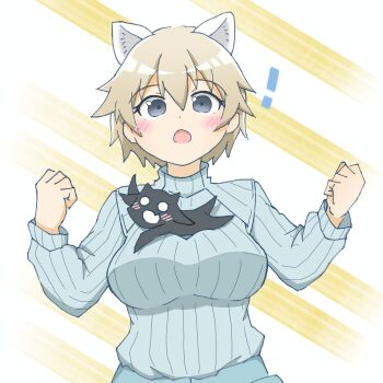 ! 2girls animal_ears blonde_hair blue_sweater blush brave_witches breasts clenched_hands highres large_breasts looking_at_another military military_uniform minamiko miyafuji_yoshika multiple_girls nikka_edvardine_katajainen open_mouth short_hair silhouette_demon standing strike_witches surprised sweater turtleneck upper_body weasel_ears weasel_girl world_witches_series