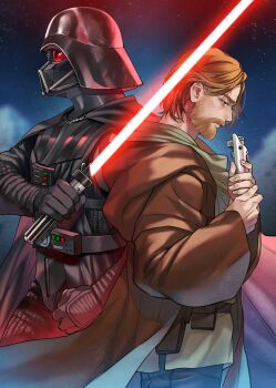 2boys armor back-to-back black_cape blue_eyes brown_hair brown_robe cape closed_mouth commission darth_vader energy_sword fingernails helmet highres holding holding_weapon lightsaber male_focus mole mole_on_cheek multiple_boys obi-wan_kenobi pensan robe sad short_hair star_wars star_wars:_revenge_of_the_sith sword weapon