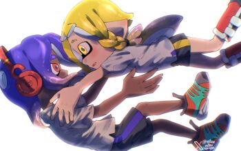 1boy 1girl ariamikukanzaki backlighting black_shorts blonde_hair blue_hair braid commentary dark-skinned_male dark_skin english_commentary eyebrow_cut falling headphones hirooooo_(splatoon) inkling nintendo octoling red_eyes red_shoes shirt shoes short_shorts shorts side_braid signature splatoon_(series) splatoon_3 t-shirt tentacle_hair veronika_(splatoon) very_dark_skin yellow_eyes