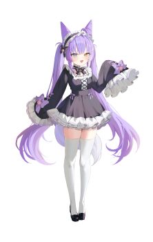 1girl :d absurdres black_bow black_bowtie black_dress blue_eyes blush bow bowtie commentary cone_hair_bun double_bun dress frilled_hairband frills full_body hair_bow hair_bun hairband hand_up heterochromia highres long_hair looking_at_viewer open_mouth purple_hair ri_yonn simple_background sleeves_past_fingers sleeves_past_wrists smile solo standing stellive tenko_shibuki thighhighs twintails very_long_hair virtual_youtuber white_background white_thighhighs yellow_eyes zettai_ryouiki