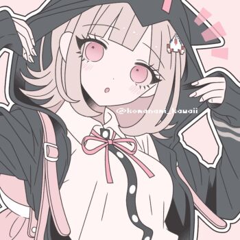 1girl :o blush breasts brown_hair collared_shirt danganronpa_(series) danganronpa_2:_goodbye_despair flipped_hair hair_ornament hood hood_up jacket komanami_kawaii long_sleeves looking_at_viewer medium_hair nanami_chiaki neck_ribbon open_clothes open_jacket pink_bag pink_eyes pink_ribbon ribbon shirt solo two-tone_shirt white_shirt
