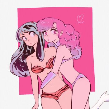 2girls animal_print aqua_hair arm_around_waist bikini boots breasts cleavage closed_mouth commentary cone_horns cowboy_shot gradient_hair green_eyes highres horns hug long_hair lum multicolored_hair multiple_girls navel pink_eyes pink_hair ran_(urusei_yatsura) remi55865108 standing swimsuit thighs tiger_print urusei_yatsura white_boots wristband