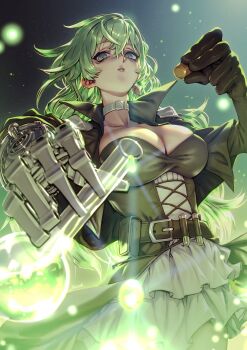 1girl breasts capelet choker cleavage commission flask green_hair grey_eyes hair_between_eyes highres kionaoki large_breasts long_hair looking_at_viewer original potion prosthesis prosthetic_arm round-bottom_flask