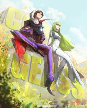 1boy 1girl absurdres black_cape black_hair breasts c.c. cape code_geass formal_clothes full_body geass gloves green_hair helmet highres holding holding_unworn_helmet jacket lelouch_vi_britannia long_hair looking_afar purple_eyes purple_suit sitting sky stephengiannart straitjacket suit unworn_helmet very_long_hair white_jacket yellow_eyes