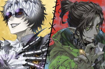 2boys aogiyuki black_crown cosplay crown diamond_hairband formal_clothes gloves highres jacket long_sleeves looking_at_viewer male_focus multiple_boys oogie_boogie oogie_boogie_(cosplay) pinstripe_pattern pinstripe_suit round_eyewear short_hair skeleton_print skully_j._graves smile striped_clothes suit swing_(twisted_wonderland) the_nightmare_before_christmas twisted_wonderland vest white_hair