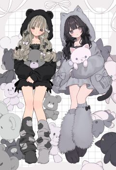 2girls animal_hood asymmetrical_legwear bear_hood black_bow black_jacket black_shorts blush bow brown_eyes brown_hair cat_hood grey_arm_warmers grey_bow grey_jacket hair_bow head_tilt highres hood hood_up hooded_jacket hugging_doll hugging_object jacket long_hair looking_at_viewer loose_socks mismatched_legwear multiple_girls open_clothes open_jacket original paw_shoes shorts socks stuffed_animal stuffed_toy twintails wata_kinoshi white_bow