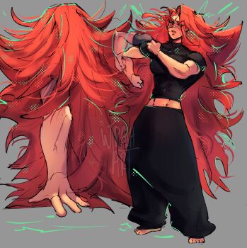 1girl 2025 absurdres artist_name baggy_pants barefoot big_hair black_pants black_shirt borrowed_character breasts clenched_teeth commentary commission covered_eyes english_commentary female_focus full_body grey_background high-waist_pants highres kenzie_(samarieous) legs_apart long_hair messy_hair midriff mole mole_under_mouth motion_blur multiple_views muscular muscular_female original pants red_hair red_lips serious shirt simple_background solo standing stretching teeth v-shaped_eyebrows very_long_hair watermark wtrashart