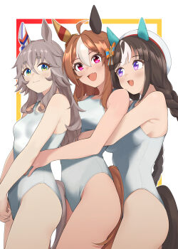 3girls absurdres animal_ears black_hair breasts brown_hair competition_swimsuit copano_rickey_(umamusume) cowboy_shot ear_covers grey_hair hanasato_miya hat highres hokko_tarumae_(umamusume) horse_ears horse_girl horse_tail hug hug_from_behind long_hair medium_breasts multiple_girls one-piece_swimsuit small_breasts smile swimsuit tail umamusume white_hat wonder_acute_(umamusume)