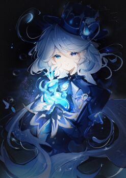 1girl absurdres ahoge blue_eyes blue_gem blue_hair blue_hat blue_jacket blue_sleeves chinese_commentary commentary_request eyelash_ornament furina_(genshin_impact) gem gem_hat_ornament genshin_impact gloves hair_between_eyes hat heterochromia highres hugging_object jacket long_hair long_sleeves purple_eyes singer_of_many_waters_(genshin_impact) smile solo teardrop-shaped_gem tears top_hat upper_body vision_(genshin_impact) white_gloves white_hair winged