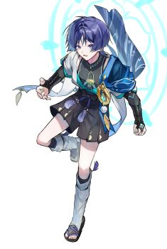 1boy absurdres anemo_symbol_(genshin_impact) animal_print aqua_gemstone armor arms_at_sides bird_print black_bodysuit black_bow black_sandals black_shorts blue_cape blue_halo blue_kimono blue_sleeves blunt_ends bodysuit bow cape chypuragy commentary curled_fingers eyelashes eyeliner eyeshadow feathers fingernails foot_up full_body gem genshin_impact gold gold_ring hakama hakama_shorts halo halo_behind_head hashtag-only_commentary highres japanese_armor japanese_clothes juban kimono kote kurokote layered_sleeves leg_warmers looking_at_viewer makeup male_focus mandarin_collar middle_ring open_clothes open_hands open_kimono open_mouth pleated_shorts pom_pom_(clothes) purple_eyes purple_hair purple_rope red_eyeliner red_eyeshadow rope sandals scaramouche_(genshin_impact) short_sleeves shorts shoulder_peek solo tassel toenails toes wanderer_(genshin_impact) white_background white_kimono white_leg_warmers white_sleeves white_trim wispy_bangs yellow_feathers zouri