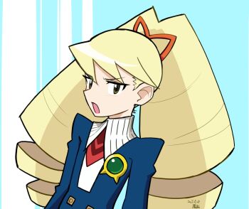1girl blonde_hair blue_background bow dated drill_hair hair_bow long_hair luna_platz_(mega_man) mega_man_(series) mega_man_star_force_(series) open_mouth red_bow school_uniform signature simple_background twin_drills very_long_hair zero-bahamu