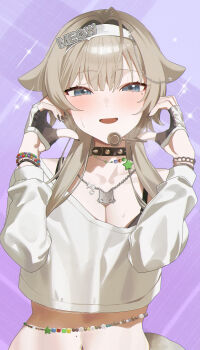 1girl :d absurdres belly_chain black_collar black_sports_bra blue_eyes blush breasts cat_hair_ornament cat_necklace chain cleavage collar collarbone commentary cowboy_shot crop_top cropped_shirt earpiece gloves goddess_of_victory:_nikke grey_hair hair_between_eyes hair_ears hair_intakes hair_ornament headband heart heart_hands highres hm_(mhm2592) idol jewelry large_breasts long_hair long_sleeves looking_at_viewer midriff mole mole_on_stomach mole_under_eye navel necklace open_mouth prika_(nikke) purple_background shirt sidelocks single_bare_shoulder smile solo spiked_collar spikes sports_bra standing sweat white_headband