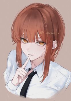 1girl absurdres brown_background brown_eyes brown_hair chainsaw_man collared_shirt commentary_request film_grain finger_to_mouth hand_up highres index_finger_raised long_hair long_sleeves looking_at_viewer makima_(chainsaw_man) mcho_u parted_lips shirt shushing sidelocks simple_background sleeve_cuffs smile solo twitter_username white_shirt