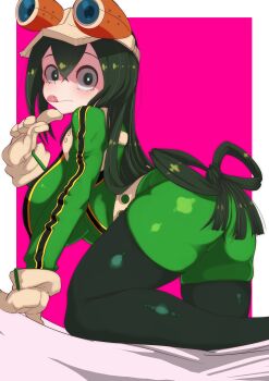 1girl absurdres artist_request ass asui_tsuyu asui_tsuyu_(hero_outfit) bodysuit boku_no_hero_academia breasts female_focus gloves goggles goggles_on_head green_bodysuit green_eyes green_hair hair_between_eyes highres long_hair looking_at_viewer low-tied_long_hair matching_hair/eyes smile solo superhero_costume tongue tongue_out white_gloves