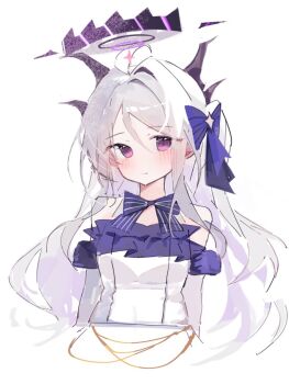 Rule 34 | 1girl, ahoge, black halo, blue archive, blue ribbon, blush, breasts, demon girl, demon horns, halo, hina (blue archive), horns, kiri y, long hair, looking at viewer, purple eyes, ribbon, simple background, small breasts, solo, star (symbol), upper body, very long hair, white background, white hair