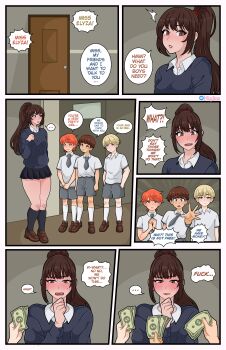 ... 1girl 3boys ^^^ absurdres age_difference blonde_hair blue_eyes blush border brown_eyes brown_hair comic emphasis_lines emy_draws english_text highres holding holding_money indoors lips money multiple_boys onee-shota orange_eyes orange_hair penis prostitution shota speech_bubble spoken_ellipsis standing teacher teacher_and_student twitter_logo twitter_username white_border