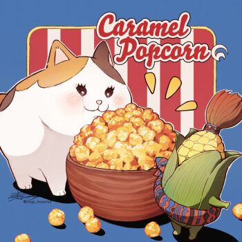 Rule 34 | black eyes, bowl, calico (pattern), calico cat, cat, commentary, corn, english text, fat cat (ff14), final fantasy, final fantasy xiv, food, light blush, mugi kosuta, no humans, popcorn, sash, symbol-only commentary, the cornservant, twitter username