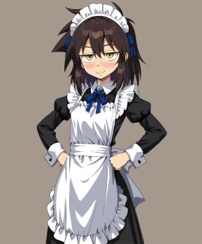 1girl alternate_costume apron black_dress blue_ribbon blush breasts brown_background brown_hair commentary_request cowboy_shot dress enmaided frilled_apron frills hands_on_own_hips haruka_naru_enkei_sekai highres inui_koi long_sleeves looking_at_viewer maid maid_apron maid_headdress messy_hair neck_ribbon onimushi_hyogo ribbon ribbon_hair simple_background small_breasts smile solo standing white_apron