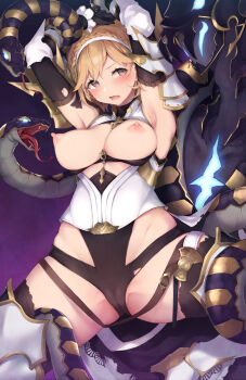 1girl armpits arms_behind_back bare_shoulders black_gloves blonde_hair blush breasts brown_eyes cameltoe djeeta_(granblue_fantasy) elbow_gloves gauntlets gloves granblue_fantasy hairband highres large_breasts monster nanahara_fuyuki nipples open_mouth relic_buster_(granblue_fantasy) restrained short_hair snake solo thighhighs