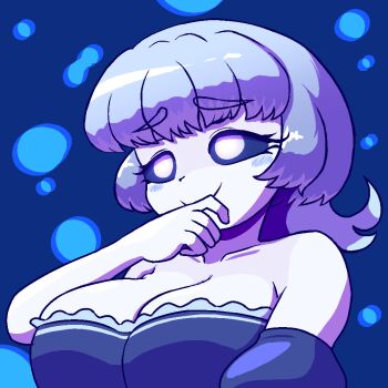 1girl bare_shoulders black_sclera blue_background blue_dress blue_hair blush_stickers borrowed_character breasts bubble cleavage closed_mouth collarbone colored_sclera detached_sleeves dress huge_breasts jaggy_lines original quarium short_hair skindentation smile solo thick_eyebrows upper_body white_eyes