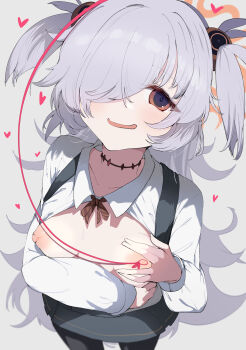 1girl absurdres arm_under_breasts black_pantyhose blue_archive blush breasts breasts_out brown_eyes brown_halo choker collarbone collared_shirt dress grey_dress hair_between_eyes hair_ornament hair_over_one_eye halo hand_on_own_chest hand_up heart highres kanoe_(blue_archive) kawa_mura loli long_hair long_sleeves looking_at_viewer messy_hair neck_ribbon nipples one_eye_covered open_clothes open_mouth open_shirt pantyhose pinafore_dress red_string ribbon scar scar_on_neck shirt simple_background sleeve_cuffs sleeveless_dress small_breasts smile solo standing string thighs two_side_up unbuttoned unbuttoned_shirt very_long_hair white_background white_hair white_shirt