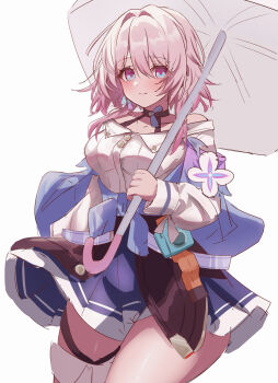 1girl breasts camera choker commentary earrings flower highres holding holding_umbrella honkai:_star_rail honkai_(series) jacket jewelry large_breasts light_blush looking_at_viewer march_7th_(honkai:_star_rail) march_7th_(preservation)_(honkai:_star_rail) multicolored_eyes off_shoulder overskirt pink_hair pleated_skirt rumi_(xafv5772) shirt single_earring skirt smile thigh_strap thighs two-tone_eyes umbrella white_background