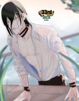 absurdres bare_chest black_clover black_hair bracelet choker eye_contact highres jack_the_ripper_(black_clover) jewelry looking_at_another looking_at_viewer medium_hair octo33 open_clothes open_shirt scar scar_across_eye scar_on_face wet wet_clothes wet_hair yellow_eyes