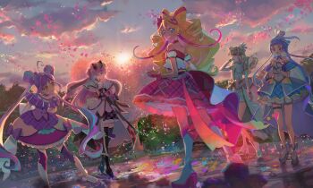 Rule 34 | 5girls, aokaze nana, bare arms, bare back, bare legs, bare shoulders, black gloves, black hair, blonde hair, blue dress, blue hair, blunt bangs, boots, braid, brooch, bubble skirt, cloud, cloudy sky, cure idol, cure kiss, cure kyunkyun, cure wink, cure zukyuun, curled horns, double bun, dress, elbow gloves, falling petals, fingerless gloves, floating hair, frilled ribbon, frilled thigh strap, frills, full body, gingham, gingham dress, gloves, gradient hair, gradient sky, hair between eyes, hair bun, hair ornament, hair ribbon, hair tie, hair wings, half gloves, half up bun, hand on own head, headset, heart, heart-shaped lock, heart brooch, heart hair ornament, heart shaped tree, highres, horns, jewelry, kimi to idol precure, kneehighs, leaf, looking at another, looking at viewer, looking back, low twintails, miniskirt, multicolored hair, multiple girls, open mouth, parted bangs, petals, pink dress, pink hair, pink petals, pink sky, precure, profile, puffy dress, puffy sleeves, purple dress, purple hair, ribbon, sakura uta (precure), shigure kokoro, short hair, sideways glance, skirt, sky, smile, socks, standing, sunset, tanaka meron, tanaka purin, thigh strap, tree, twin braids, twintails, user zwaw8575, very short hair, white dress, white gloves, wind, wing hair ornament