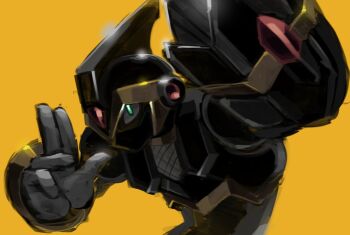 Rule 34 | 1boy, armor, black armor, black helmet, covered mouth, forehead jewel, green eyes, helmet, kuji-in, male focus, mask, mega man (series), mega man x6, mega man x (series), mouth mask, orange background, pillar buster, shadow armor x (mega man), simple background, solo, upper body, x (mega man)