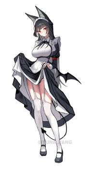 1girl absurdres alternate_costume animal_ears black_dress black_panties black_shoes breasts commentary_request demon_tail demon_wings dress enmaided fake_tail fake_wings fox_ears fox_girl full_body garter_straps highres hoshimi_miyabi large_breasts lifting_own_clothes long_hair long_sleeves looking_at_viewer maid panties red_eyes revision shoes simple_background solo standing tail thighhighs underwear very_long_hair white_background white_thighhighs wings yuna_(deadawon) zenless_zone_zero