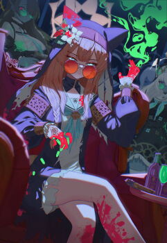 5girls absurdres animal_ears black_dress black_hair black_jacket black_veil blood blood_on_clothes blood_on_hands blue_archive blue_eyes blue_neckerchief braid cigarette closed_eyes closed_mouth crossed_legs dress flower gloves green-tinted_eyewear hair_flower hair_ornament halo highres hinata_(blue_archive) holding holding_cigarette jacket jewelry long_hair looking_at_viewer mari_(blue_archive) moya02_ku multiple_girls multiple_rings neckerchief nun orange-tinted_eyewear orange_hair partially_colored ring round_eyewear sailor_collar sakurako_(blue_archive) sidelocks single_braid sisterhood_member_(blue_archive) sitting sunglasses thighhighs tinted_eyewear torn_clothes veil white_dress white_flower white_gloves white_hair white_sailor_collar white_thighhighs yellow_halo zettai_ryouiki