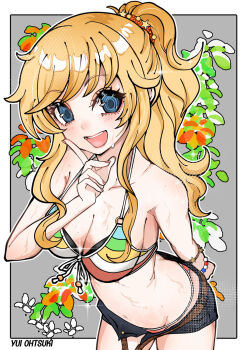 1girl amane_shinobu arm_behind_back bare_shoulders bikini blonde_hair blue_eyes blush breasts cleavage collarbone denim denim_shorts front-tie_bikini_top front-tie_top groin highres idolmaster idolmaster_cinderella_girls layered_bikini long_hair looking_at_viewer medium_breasts navel ohtsuki_yui open_mouth ponytail rainbow_bikini shorts smile solo swimsuit thighs wavy_hair wavy_sidelocks