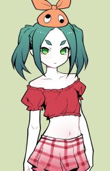 1girl :| akableak arms_at_sides bare_shoulders breasts closed_mouth collarbone cowboy_shot crop_top expressionless eyelashes googly_eyes green_background green_eyes green_hair groin hat highres hikimayu long_hair looking_at_viewer midriff miniskirt monogatari_(series) navel off-shoulder_shirt off_shoulder ononoki_yotsugi orange_hat pale_skin parted_bangs petite pink_shirt plaid_clothes pleated_skirt puffy_short_sleeves puffy_sleeves red_shirt red_skirt shirt short_eyebrows short_sleeves sidelocks simple_background skirt small_breasts solo thick_eyebrows twintails