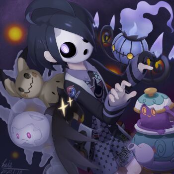 Rule 34 | 1boy, ahoge, allister (pokemon), azur cephonodes, black hair, bright pupils, chandelure, collared shirt, commentary request, cursola, gen 5 pokemon, gen 7 pokemon, gen 8 pokemon, gloves, hand up, highres, long sleeves, male focus, mask, mimikyu, nintendo, partially fingerless gloves, pokemon, pokemon (creature), pokemon sword and shield, polteageist, print shirt, print shorts, shirt, short hair, shorts, single glove, suspenders, white pupils