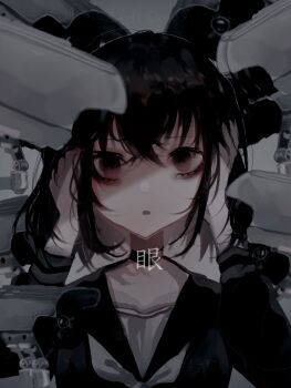 1girl black_hair black_shirt brown_eyes camera commentary_request grey_background hands_on_own_head long_sleeves looking_at_viewer open_mouth original security_camera shinjitsu_no_kuchi shirt short_hair solo upper_body