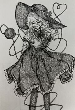 Rule 34 | 1girl, absurdres, adapted costume, arms behind back, ascot, commentary request, feet out of frame, flower, frilled skirt, frills, greyscale, hat, hat flower, heart, heart of string, highres, juliet sleeves, komeiji koishi, long hair, long sleeves, monochrome, narurichan, puffy sleeves, simple background, skirt, solo, third eye, touhou