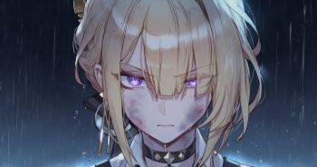 1girl blonde_hair chainsaw_man character_request closed_mouth collar covering_one_eye evelyn_chevalier frown hair_between_eyes hair_ornament highres looking_at_viewer night night_sky outdoors purple_eyes rain scene_reference sky solo straight-on water_drop wet wet_hair zenless_zone_zero