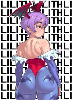 1girl animal_print ass back backless_leotard bare_shoulders bat_print bat_wings blue_pantyhose body_freckles bridal_gauntlets champchidi darkstalkers demon_girl freckles from_behind hair_between_eyes head_wings highres huge_ass leotard lilith_(darkstalkers) lips looking_back o3o pantyhose print_pantyhose puckered_lips purple_hair pursed_lips red_eyes red_leotard red_wings short_hair shoulder_blades solo standing thick_thighs thighs thong_leotard wings