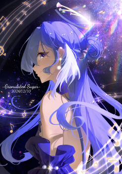 Rule 34 | 1girl, absurdres, artist name, back, backless dress, backless outfit, bare back, bare shoulders, blue hair, closed mouth, commentary request, dated, detached sleeves, dress, earrings, from side, glint, gloves, hair bun, halo, head wings, highres, honkai: star rail, honkai (series), jewelry, long hair, looking at viewer, musical note, musical staff, profile, purple dress, purple eyes, purple hair, robin (honkai: star rail), shatang405, single hair bun, sky, smile, solo, star (sky), starry sky, strapless, strapless dress, upper body, very long hair, wings