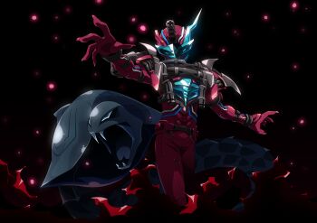 Rule 34 | 1boy, absurdres, armor, assault visor, asymmetrical horns, blood stalk, blue eyes, blue horns, bodysuit, cobra (animal), cowboy shot, fog, gloves, helmet, highres, horns, kamen rider, kamen rider build (series), looking at viewer, male focus, otokamu, outstretched arms, red bodysuit, red gloves, red horns, science fiction, snake, spread arms, steam, tokusatsu, vest, villain pose, wire