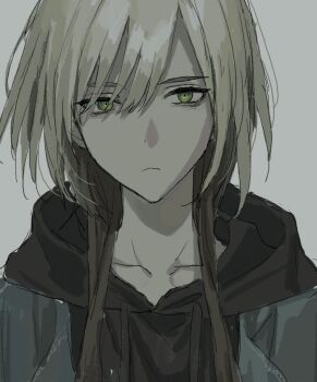 1boy green_eyes hood hoodie jacket_over_hoodie jiz_(pffbq) light_frown long_hair looking_at_viewer multicolored_hair original white_background