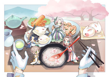 4boys :d ;| bird bird_hair_ornament black_hair blue_eyes blue_hair boots border bowl braid brown_hair brown_wings camellia cherry_blossoms chinese_clothes chinese_commentary chopsticks closed_mouth coat cup curtained_hair day diagonal_bangs dumpling facial_mark feathered_wings finger_to_mouth flower flower_ornament folding_fan food food_art forehead_mark geta gloves gradient_hair green_eyes green_robe green_shawl green_tea grey_robe hair_ornament hand_fan hanfu high_ponytail highres holding holding_chopsticks holding_fan holding_spoon kneeling kuroiroichigo leaf_hair_ornament long_hair long_sleeves longjing_shrimp_(the_tale_of_food) looking_at_animal looking_at_food looking_at_viewer lying male_focus male_master_(the_tale_of_food) mini_person miniboy mountain multicolored_hair multiple_boys name_connection object_namesake on_stomach one_eye_closed open_mouth outside_border pants parted_bangs peach_blossom peach_petal_congee_(the_tale_of_food) petals pink_flower pink_hair pink_robe placemat plate ponytail porridge pov pov_hands robe seal_impression see-through_clothes see-through_shawl shadow shawl short_hair shrimp shushing side_braid sitting smile spoon spring_(season) spring_roll spring_roll_(the_tale_of_food) swallow_(bird) swallow_bun_(the_tale_of_food) sweatdrop tea teapot the_tale_of_food tray tree usagi_manjuu v-shaped_eyebrows white_boots white_border white_coat white_flower white_gloves white_hair white_pants white_robe wide_sleeves wings xiao_guan_(headdress) yellow_eyes yellow_shawl