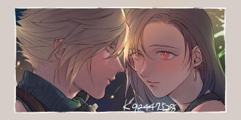1boy 1girl bare_shoulders black_hair blonde_hair blue_eyes blue_sweater blush close-up closed_mouth cloud_strife commentary_request couple earrings eye_contact face-to-face final_fantasy final_fantasy_vii final_fantasy_vii_rebirth final_fantasy_vii_remake fireworks from_side hair_behind_ear hetero highres imminent_kiss jewelry lips long_hair looking_at_another mugikoma profile red_eyes ribbed_sweater scene_reference short_hair single_earring sleeveless sleeveless_turtleneck spiked_hair suspenders sweater teardrop_earrings tifa_lockhart turtleneck turtleneck_sweater twitter_username upper_body