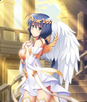 1girl :o ahoge blue_eyes blue_gemstone blue_hair blue_sky blush breasts circlet cleavage cloud cowboy_shot dappled_sunlight detached_sleeves dress feathered_wings from_side game_cg gem gold_circlet hair_ornament hands_on_own_chest large_breasts long_hair looking_at_viewer looking_to_the_side low_ponytail mole mole_under_eye morning official_art parted_lips ponytail railing ruins setouchi_chie sidelocks sky solo stairs stone_stairs sunlight thighhighs third-party_source toji_no_miko toji_no_miko:_kizamishi_issen_no_tomoshibi valkyrie white_dress white_sleeves white_thighhighs white_wings wing_hair_ornament wings zettai_ryouiki