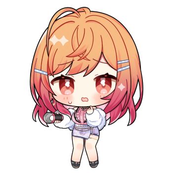 Rule 34 | 1girl, black shoes, blush, chibi, chibi only, commentary request, flashlight, full body, gradient hair, hair ornament, hairclip, holding, holding flashlight, hololive, hololive dev is, ichijou ririka, jacket, kashiwase karune, long hair, long sleeves, multicolored hair, open clothes, open jacket, open mouth, orange hair, parallel hairclips, pink shirt, purple skirt, red eyes, red hair, shirt, shoes, skirt, solo, standing, transparent background, trembling, two-tone hair, virtual youtuber, white jacket