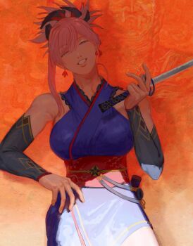 Rule 34 | 1girl, bare shoulders, black sleeves, blue eyes, breasts, commentary, cowboy shot, detached sleeves, earrings, fate/grand order, fate (series), hair between eyes, hair ornament, hand on own hip, hand up, head tilt, highres, holding, holding sword, holding weapon, japanese clothes, jewelry, kimono, l 5090, large breasts, leaf earrings, long sleeves, looking at viewer, miyamoto musashi (fate), miyamoto musashi (first ascension) (fate), narrowed eyes, obi, obijime, open mouth, pink hair, print sash, purple kimono, red sash, sash, sheath, short kimono, single sidelock, sleeveless, sleeveless kimono, solo, sword, updo, weapon
